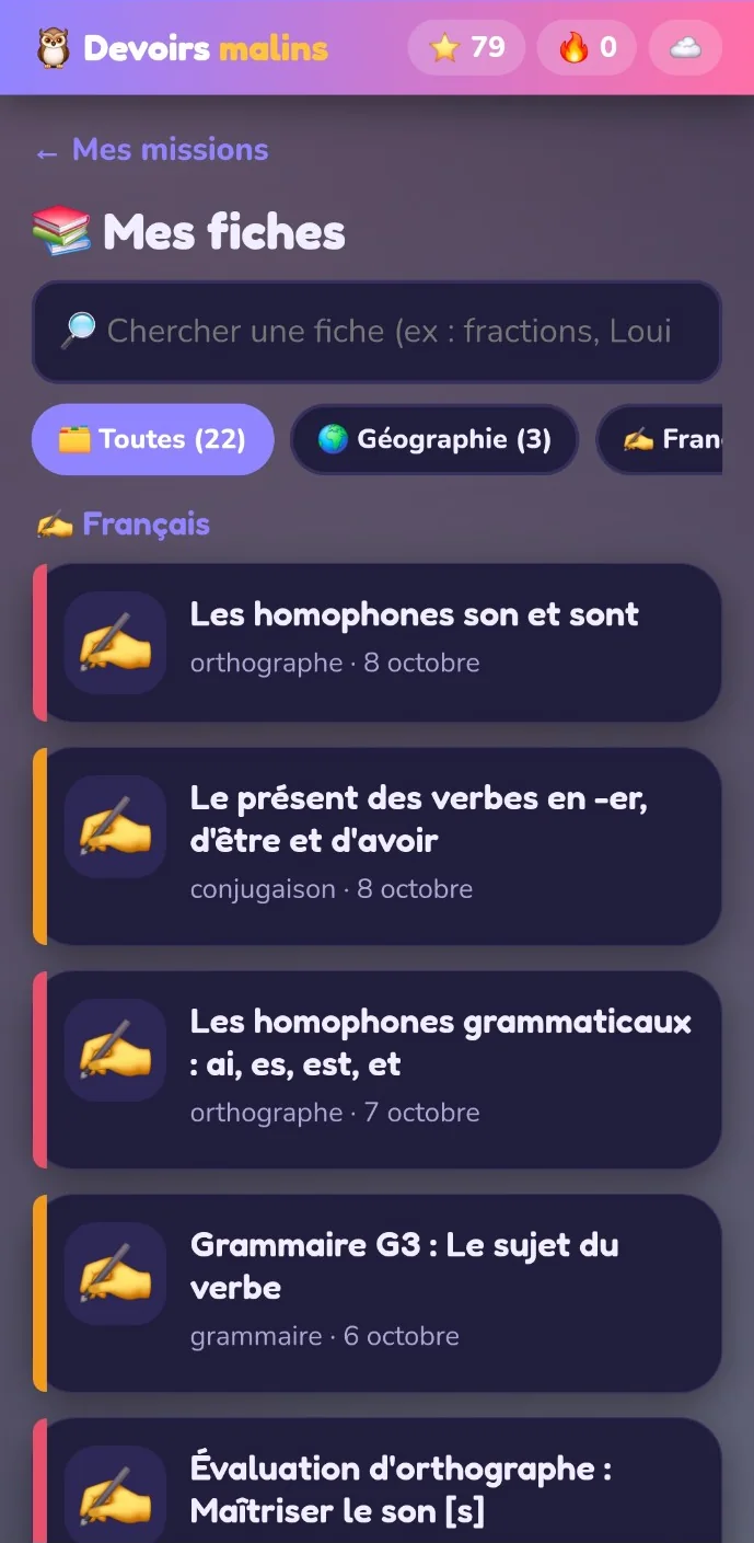 Ses fiches, par matière
